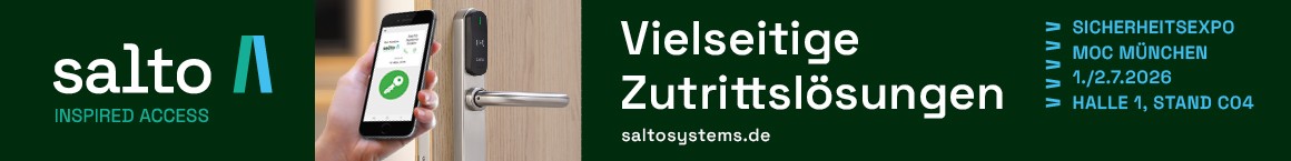 SALTO Systems – Vielseitige Zutrittslösungen, Sicherheitsexpo MOC München, 1./2.7.2026, Halle 1 Stand C04